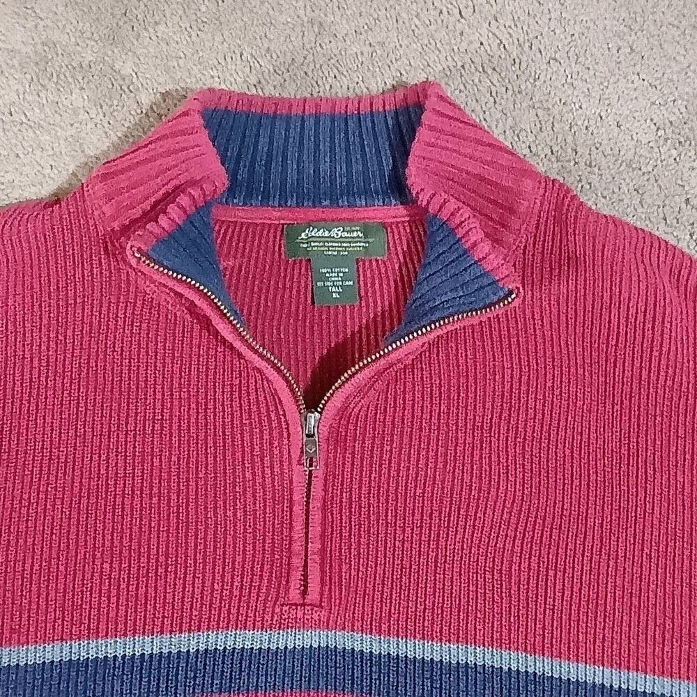Eddie Bauer Quarter Zip Sweater Mens XL Tall Red Striped Ribbed Knit Cotton